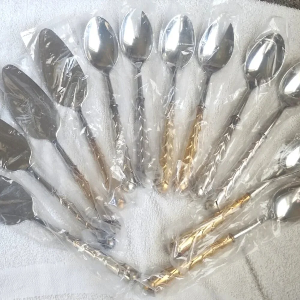 12 PC LOT French Silver Gold Plate Stainless Spoon Salad Cake Hostess Server SET